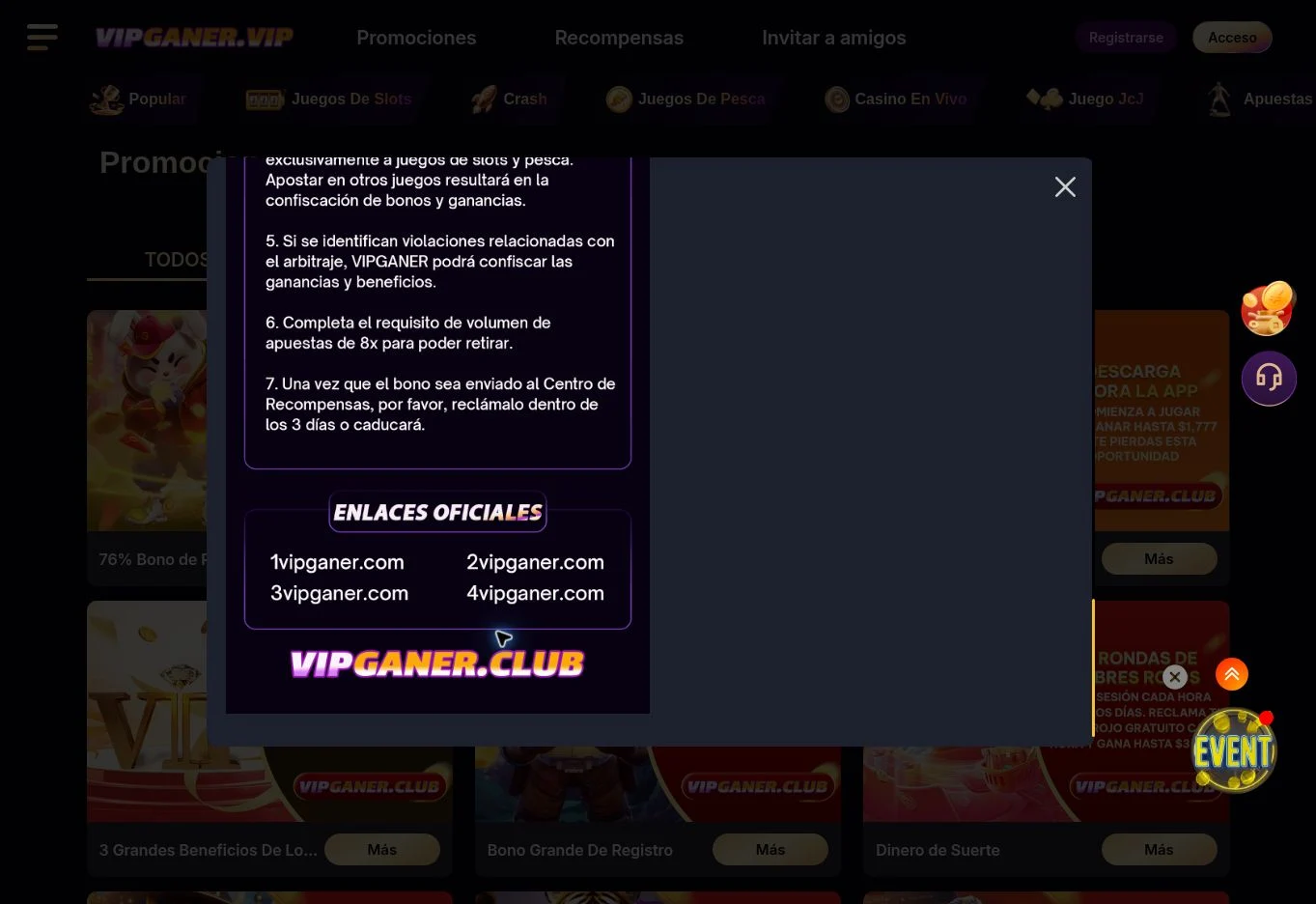 Condiciones: volumen 8×, plazo de tres días y juegos permitidos.
