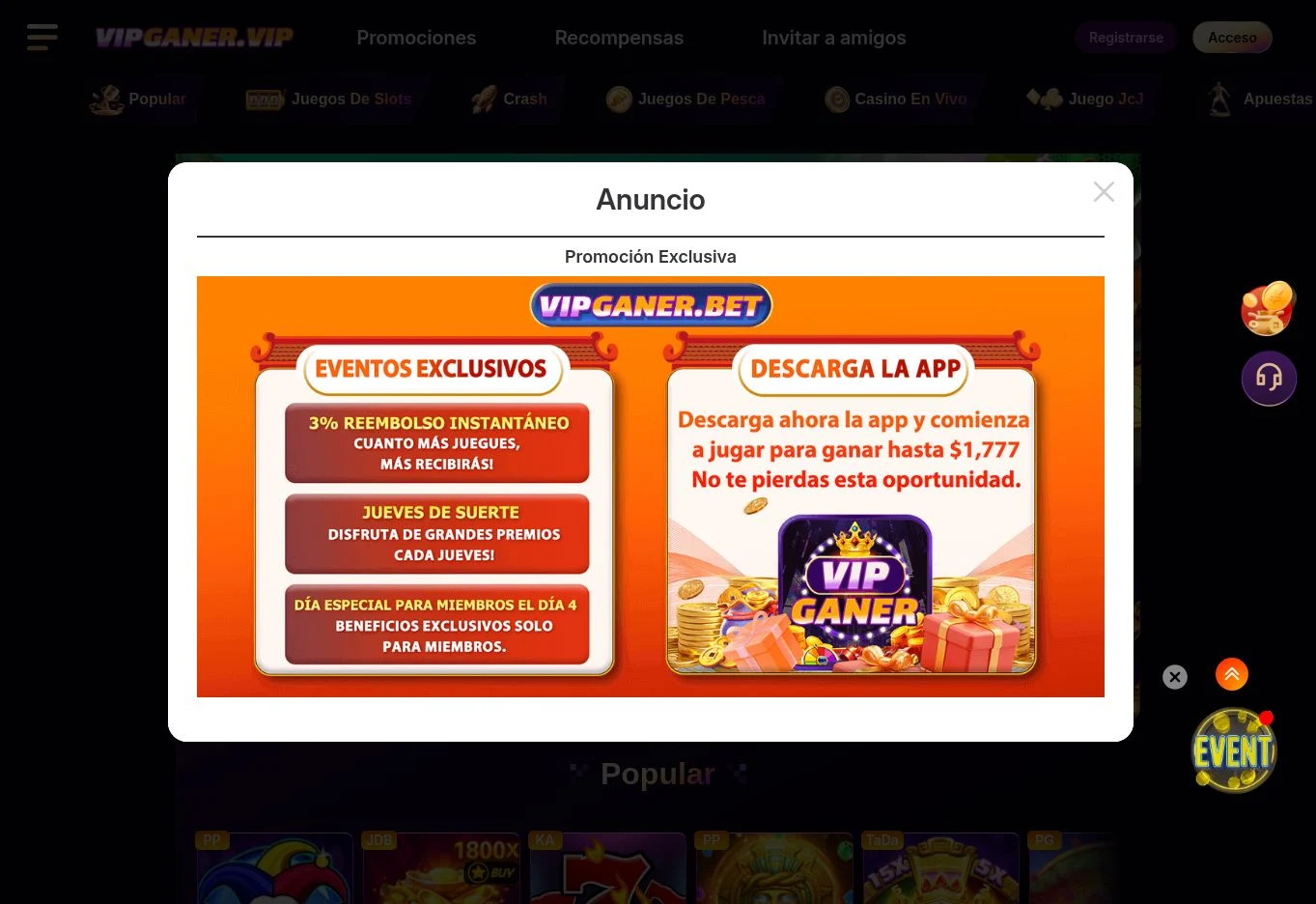 Campañas periódicas y cashback anunciado del 3%.